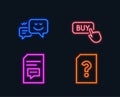 Buy button, Happy emotion and Comments icons. Unknown file sign.