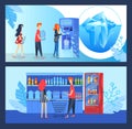 Buy drink water vector illustration, cartoon flat buyer people buying fresh clean drinking water in automatic vending