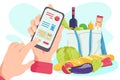 Buy food in online shop smartphone application, mobile technology, vector illustration. Flat internet app for making
