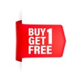 Buy 1 Get 1 Red ribbon on white background. Vector illustration. Royalty Free Stock Photo