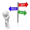 Buy, hold, sell concept - signpost with three arrows, cartoon character Royalty Free Stock Photo