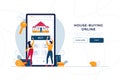 Buy a house online landing page template. Couple buying new home, touching the button on smartphone screen. Home-buying