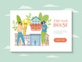 Buy house vector illustration, flat cartoon couple people buying new home, man woman character holding key and basket Royalty Free Stock Photo