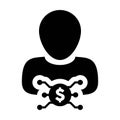 Buy icon vector digital dollar currency with male user person profile avatar for digital wallet in a glyph pictogram