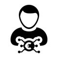 Buy icon vector digital euro currency with male user person profile avatar for digital wallet in a glyph pictogram