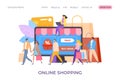 Buy in internet shop, online shopping in store vector illustration. Web marketing at screen, people customer character Royalty Free Stock Photo