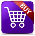 Buy purple square button red ribbon in corner Royalty Free Stock Photo