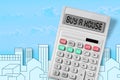 Buy a new house or apartment - concept image with a calculator with BUY A HOUSE text against a city skyline