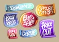 Buy now, cheap, special offer, price cut, beat price and clearance multicolored stickers set