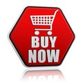 Buy now hexagon button with shopping cart sign