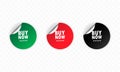 Buy now icon. Sticker set. Discount vector. Buy now labels set. Black, red and green round circle tags. Sale tags badges template Royalty Free Stock Photo