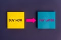 buy now, pay later. Business and finance concept. Phrase buy now pay later. Motivational advice on colorful sticky notes on the