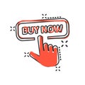 Buy now shop icon in comic style. Finger cursor vector cartoon  illustration on white isolated background. Click button business Royalty Free Stock Photo