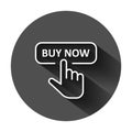 Buy now shop icon in flat style. Finger cursor vector illustration on black round background with long shadow. Click button Royalty Free Stock Photo