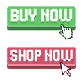 Buy now, shop now button pixel art with pixel mouse cursors pointer, arrow