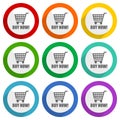 Buy now vector icons, set of colorful flat design buttons for webdesign and mobile applications Royalty Free Stock Photo