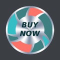 Buy now web button. Vector round metallic and color icon. Button add to cart.