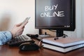 Buy online, People shopping using phones, paying on smartphone, ecommerce, e-commerce, mobile banking, online shopping, shopping Royalty Free Stock Photo