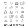 Buy online, shopping, internet store, ecommerce, cart, order, mobile retail line icons. Editable strokes. Flat design Royalty Free Stock Photo