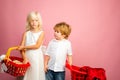 Buy products. Play shop game. Cute buyer customer client hold shopping cart. Buy with discount. Girl and boy children Royalty Free Stock Photo