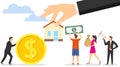 Buy real estate. Mini people buy a house for money. A real estate agent holds out a hand with a house offering to buy it