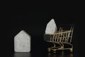 Buy or rent, choice. House model in mini shopping cart on the black background. Buy a house. Concept for property ladder