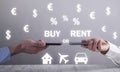 Buy Or Rent concept. Real estate, Car rent, Airplane Royalty Free Stock Photo