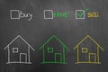 Buy rent sell checkbox house drawing on blackboard