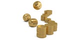 Buy or sell dices and gold coin stacks on white background.3D il