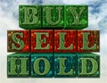 BUY SELL HOLD against a CloudySky Background