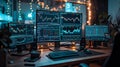 Crypto market trading room with stock monitors