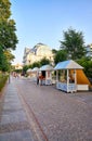 Buy souvenirs in the market. Market stalls at the beach promenade in Binz on the Baltic Sea