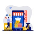 Buy things in online store, sale concept with tiny character. Customer holding shopping cart with bags purchases, using smartphone