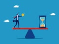 Buy time or opportunity cost. Businessman with money and hourglass on scales