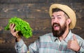 Buy vegetables local farm. Farm market harvest festival. Man bearded farmer with vegetables rustic style background