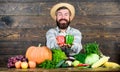 Buy vegetables local farm. Homegrown harvest concept. Typical farmer guy. Farm market harvest festival. Man mature Royalty Free Stock Photo