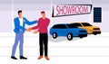 Buyer and car dealer in a car dealership, flat vector illustration. New car purchase scene