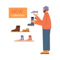 Buyer chooses shoes from the new collection flat vector illustration isolated.