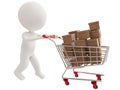 Buyer customer super market trolley pushed by 3d chararcter isolated - 3d rendering