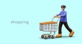 Buyer with empty shopping cart. Vector 3D male character pushing trolley in store