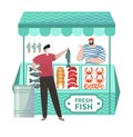 Buyer in fresh ocean fish shop buying freshness ocean organic food in fishmarket isolated on white, vector illustration.