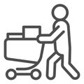 Buyer with full cart line icon. Person with a full grocery cart vector illustration isolated on white. Shopping outline