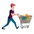 Buyer illustration. Man with shopping cart. Vector character for your design.