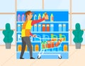 Man in Grocery Store with Cart, Shopping Vector