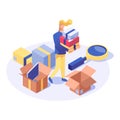 Buyer purchasing products vector isometric illustration. Shop assistant doing inventory, customer choosing holiday