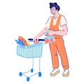 Buyer purchasing in supermarket and putting goods into shopping trolley, cartoon vector.