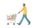 Buyer with shopping cart full of food and drinks