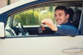 Buyer sitting in his new vehicle, auto purchase, rental business concept