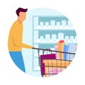 Buyer at supermarket flat concept icon. Man doing purchases at grocery store sticker. Customer with shopping cart buying products