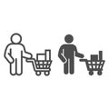 Buyer with trolley of goods line and solid icon, market concept, man holding shopping cart with purchases sign on white Royalty Free Stock Photo